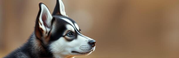 Portrait of a husky dog with striking features against a soft, blurred background photo