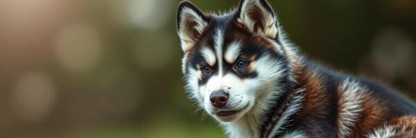 Husky puppy sits calmly outdoors, showcasing its striking coat and expressive features in a natural setting during golden hour photo