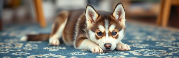 Charming husky puppy resting on a beautiful patterned rug in a cozy indoor space photo