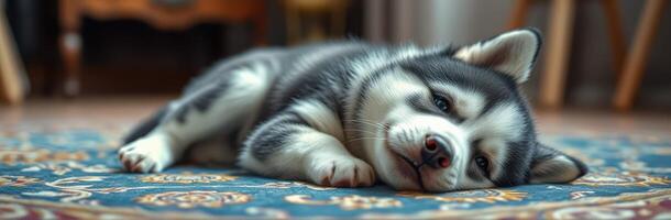 Cute husky puppy resting on an ornate rug in a cozy indoor setting during the afternoon photo
