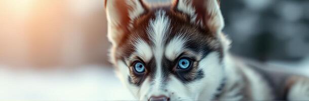 Beautiful husky puppy with stunning blue eyes sitting in soft winter light photo