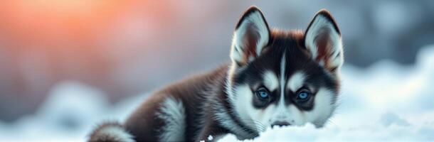 Snowy landscape features a husky puppy resting peacefully in the snow during sunset photo