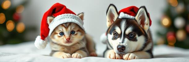 Festive kitten and puppy wearing Santa hats celebrate the holiday season together in a cozy setting photo
