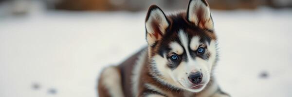Cute husky puppy playing in fresh snow during a winter day in a serene outdoor setting photo