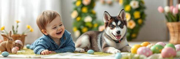 Happy baby and playful puppy enjoy Easter egg hunt in colorful spring setting photo