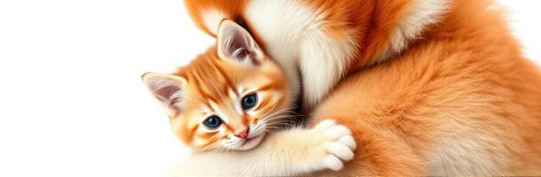 Cute orange kitten cuddles with its mother in a close embrace indoors during daylight hours photo