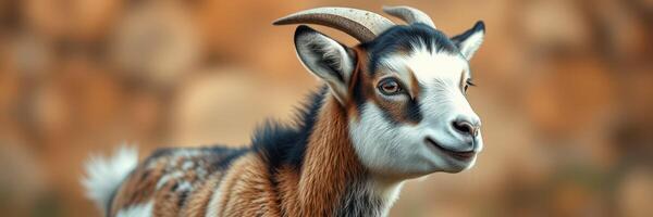 Goat with unique markings standing in a natural setting during golden hour photo