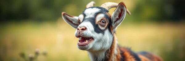 Goat enjoying a sunny day in a lush green field with vibrant background scenery photo