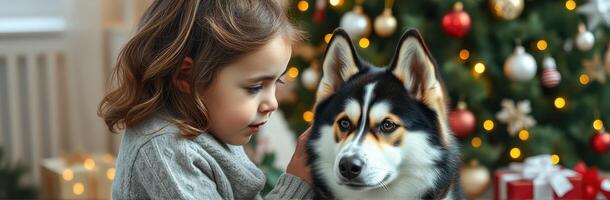 Child and dog share a tender moment in front of a festive Christmas tree decorated with ornaments and gifts photo