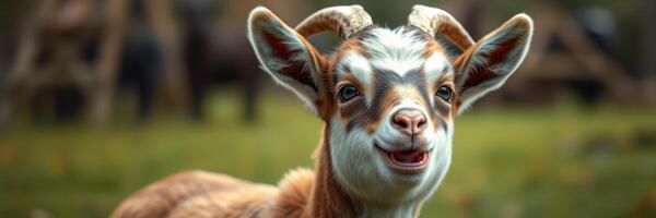 Young goat with a playful expression enjoying a sunny day in a green pasture surrounded by farm animals photo