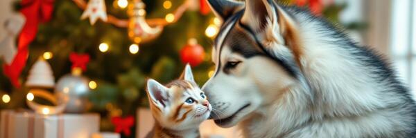 Cute kitten and husky dog share a tender moment by a decorated Christmas tree photo