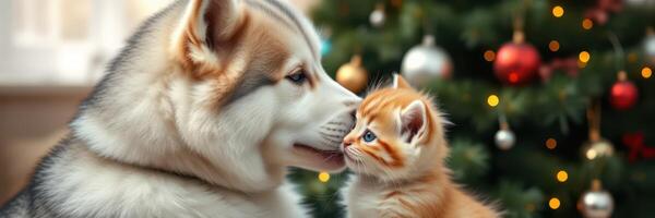 Cute dog and kitten sharing a tender moment in front of a decorated Christmas tree during the holiday season photo
