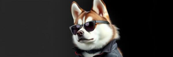 Stylish dog wearing sunglasses and jacket poses confidently in a studio setting photo