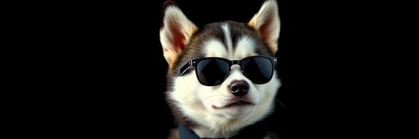 Dog wearing sunglasses poses confidently against a dark background, showcasing a playful personality and unique style photo