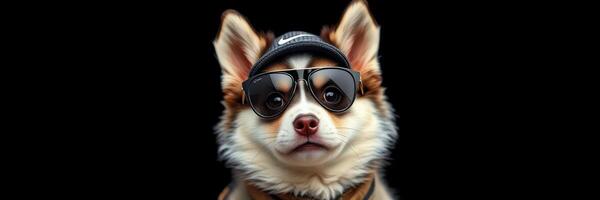 Stylish dog wearing sunglasses and a hat poses confidently in front of a dark background photo
