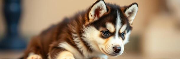 Playful husky puppy exploring a cozy indoor space during golden hour light photo