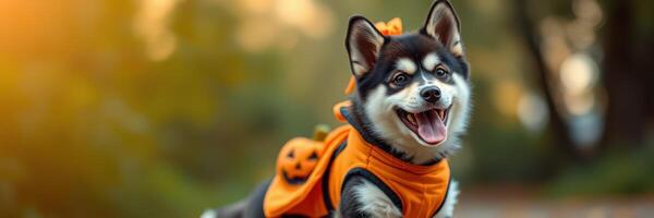 Happy dog in orange Halloween costume enjoying autumn park with a joyful expression and festive spirit photo