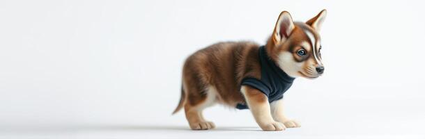 Corgi puppy wearing a cozy sweater standing against a plain white background photo