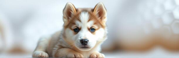 Cute puppy with fluffy fur rests calmly on soft surface in bright indoor setting photo
