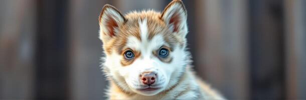 Cute puppy with striking blue eyes poses for a close-up shot in a rustic outdoor setting photo