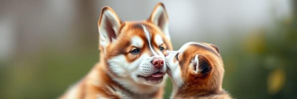 Two adorable shiba inu dogs share a tender moment in a serene outdoor setting during a sunny afternoon photo