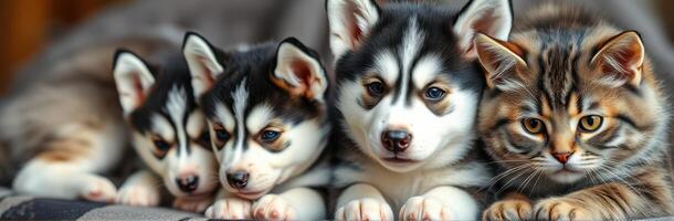 Cute puppies and a kitten cuddle together on a cozy surface at home during a sunny afternoon photo