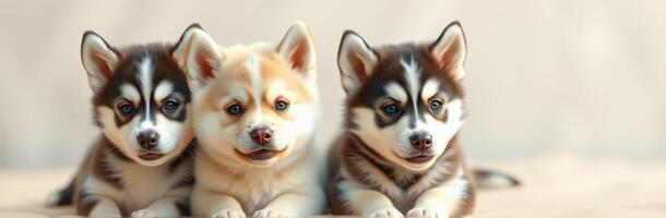 Three playful puppies sit together in a bright indoor space, showcasing their distinct fur patterns and vibrant expressions photo
