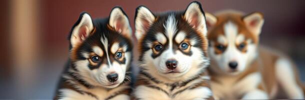 Three adorable husky puppies sitting together in a cozy indoor setting during the afternoon photo