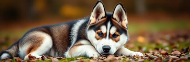 Playful Siberian Husky resting on colorful autumn leaves in a serene outdoor setting photo