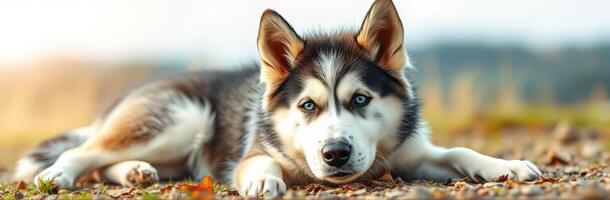 Siberian husky resting on a gravel path in a serene outdoor environment during late afternoon photo
