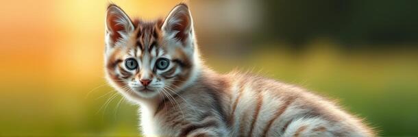 Playful striped kitten exploring a sunny garden during golden hour photo
