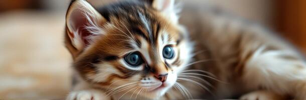 Cute fluffy kitten resting on a soft surface, showcasing its vibrant blue eyes and playful demeanor photo