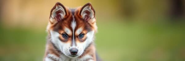 Cute puppy with striking fur pattern sitting in a grassy area during golden hour photo