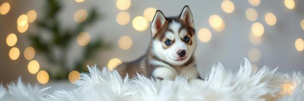 Adorable husky puppy resting on soft white fur with twinkling lights in the background during a cozy indoor setting photo
