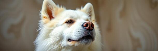 Beautiful white dog with expressive eyes relaxing indoors in a well-lit space during the day photo