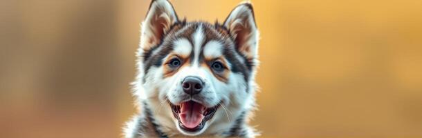 Happy husky puppy poses outdoors with warm background during golden hour photo