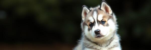 Cute husky puppy sits calmly outdoors in a lush green environment under soft sunlight during a warm afternoon photo