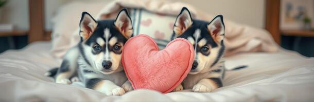 Two adorable puppies playing with a heart-shaped cushion on a cozy bed in a warm indoor setting photo