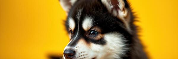Cute black and white puppy with bright eyes against a vibrant yellow background enjoying a moment of playfulness photo