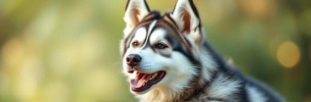 Happy husky enjoying a sunny day in a lush green park setting with vibrant foliage in the background photo