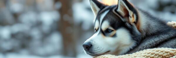 Husky rests peacefully in a snowy forest landscape during winter photo