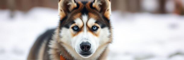 Winter environment with a close-up of a husky dog showing striking blue eyes and a playful expression on a snowy background photo
