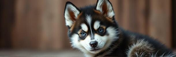 Cute husky puppy with striking blue eyes looking curiously at the camera in a wooden background setting photo