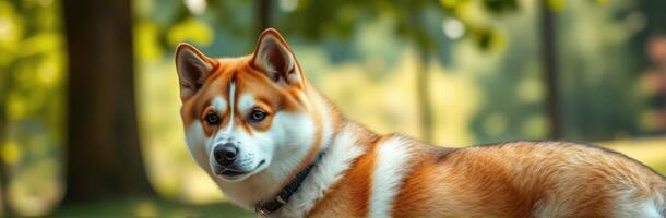 Playful Akita enjoys a sunny afternoon in a lush green park surrounded by trees and flowers photo
