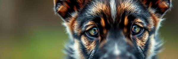 Young puppy with striking eyes exploring a grassy area on a sunny day photo