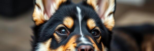 Playful corgi puppy exploring indoors with curious eyes on a sunny afternoon photo