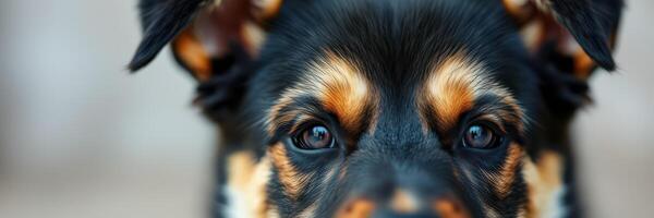 Close-up view of a playful dog with expressive eyes enjoying a sunny moment outdoors in a natural setting photo