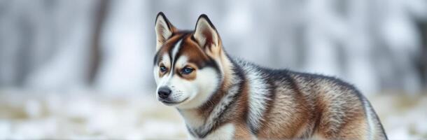 Husky dog standing gracefully in a snowy forest during winter in early morning light photo