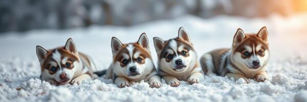 Four playful husky puppies relaxing together in the snow during a winter afternoon photo