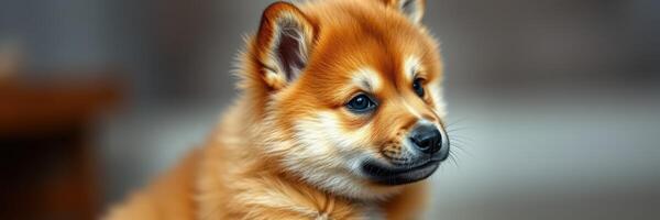 Shiba Inu puppy with soft fur and curious expression relaxes indoors during a cozy afternoon photo